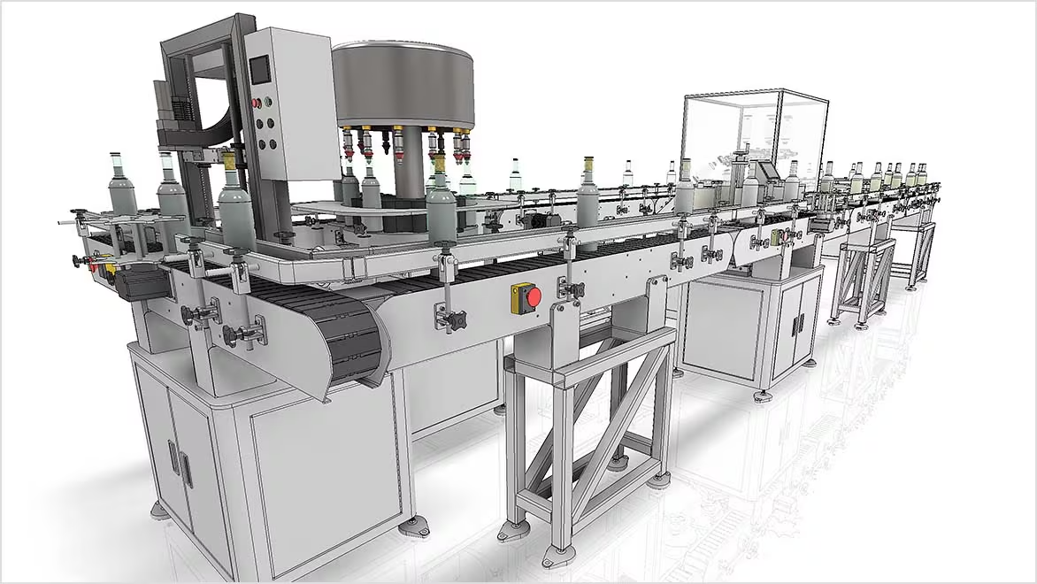 Mô hình dây chuyền công nghiệp với nhiều cụm chức năng được tổ chức trong một Assembly.
