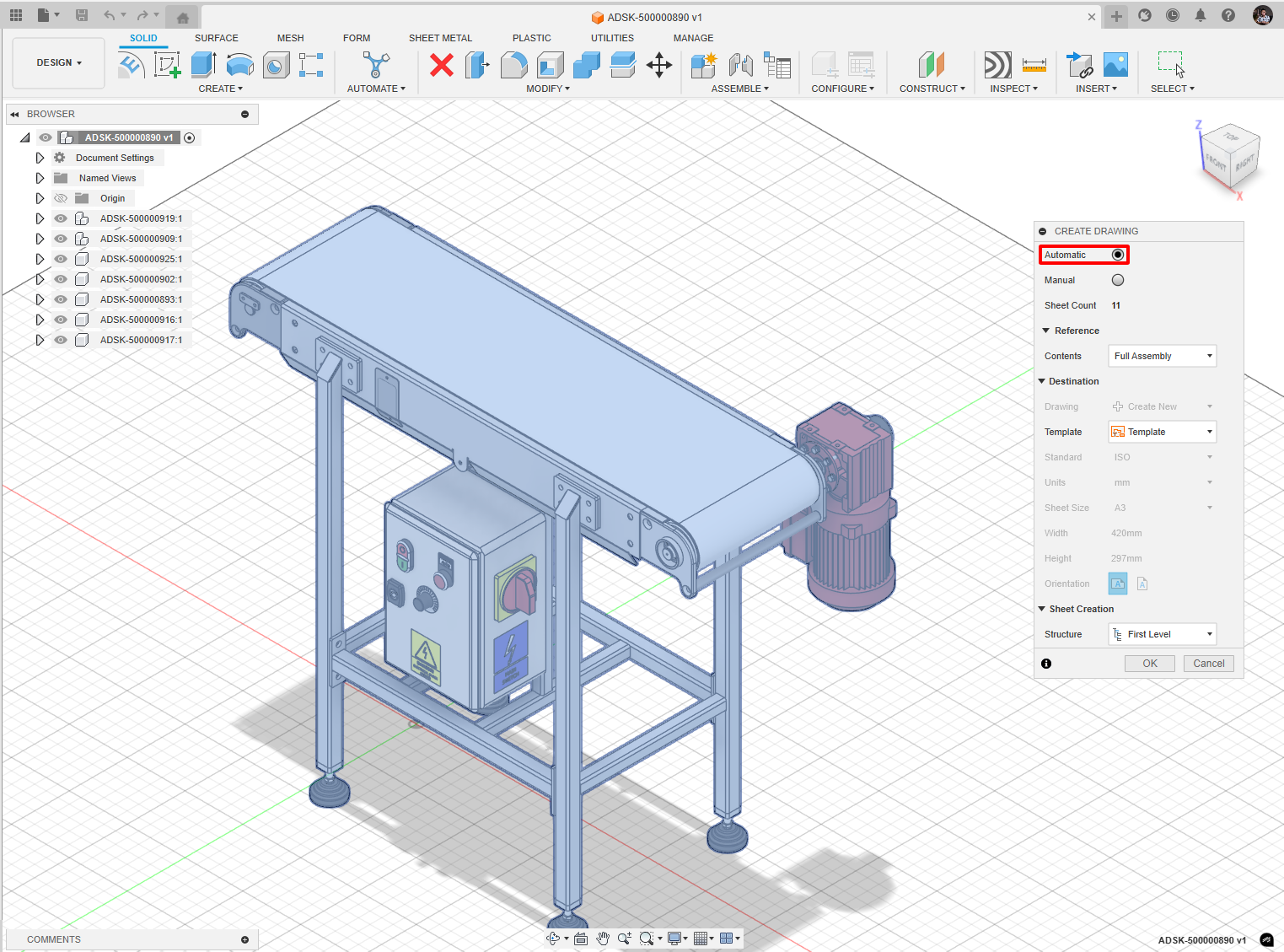 Mở mô hình trên Fusion và sử dụng tính năng Automation Drawing