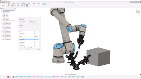 Hình ảnh mô phỏng cánh tay robot đặt các mảnh san hô trên Fusion 360