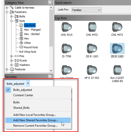 Nâng cấp công cụ Favorites trong Content Center trên Inventor 2026 