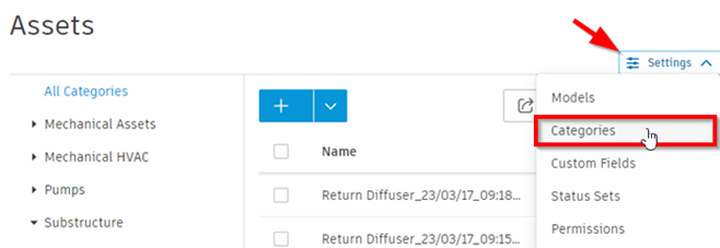Nếu bạn đang ở trang asset, chọn settings rồi chọn categories
