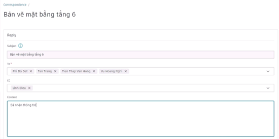 Reply email trên Correspondence của Autodesk Build
