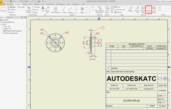 Cách chọn lệnh revision cloud trong inventor 2024