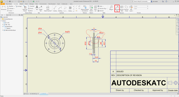 Cách chọn lệnh revision tag trong inventor 2024