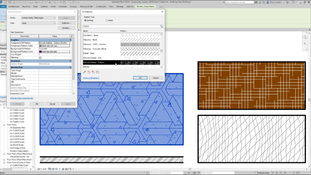 Apply both foreground and background fill patterns to materials and filled regions