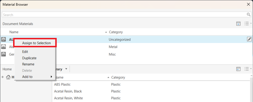 Sử dụng hộp thoại Material Browser để thay đổi vật liệu của chi tiết