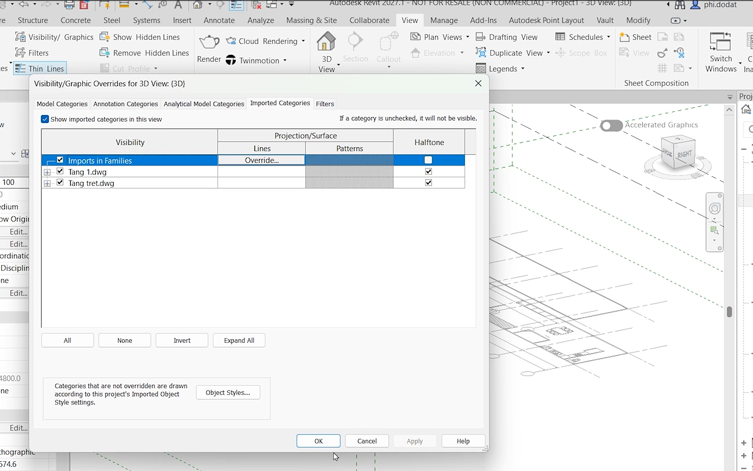 Sử dụng Visibility/Graphics và tùy chọn Halftone để giảm độ đậm của file CAD trong Revit