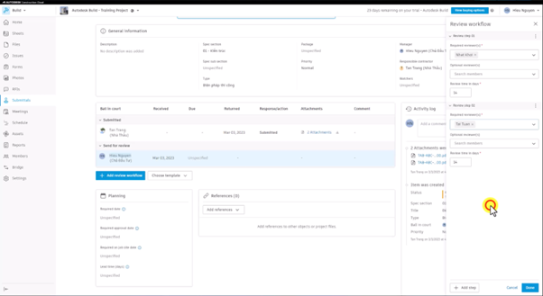 Submittal manager tạo review workflow