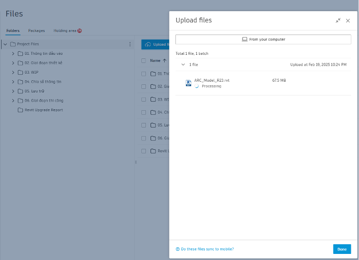 Tải file Revit lên dự án thông qua tính năng Upload files