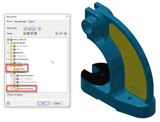 Tham số Finish được truy xuất trong hộp thoại Derive trên Inventor 2025