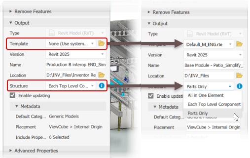 Thêm tuỳ chọn về template và cấu trúc file khi export mô hình sang Revit 