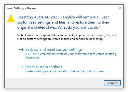 Hình ảnh minh hoạ tính năng Reset Settings to default trên AutoCAD