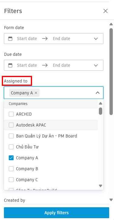 trường Assignee (người được gán nhiệm vụ điền trong Form)