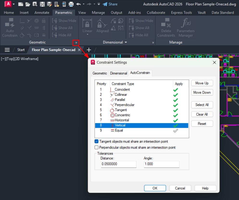 Truy cập công cụ Constraint Settings để điều chỉnh các loại ràng buộc