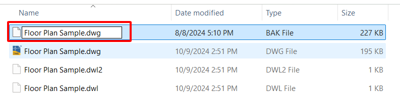 Truy cập vào vị trí lưu và đổi đuôi của file từ .bak thành .dwg