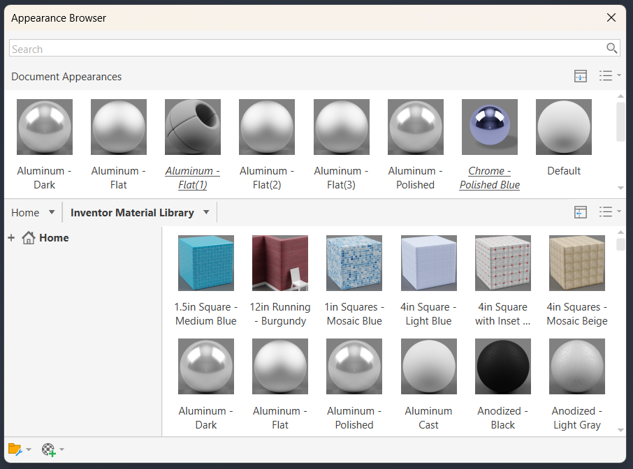 Tương tự với Material Browser, hộp thoại Appearance Browser giúp quản lý thuộc tính bề mặt