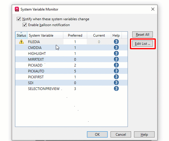 Tùy chỉnh các giá trị biến trong AutoCAD với System Variable Monitor