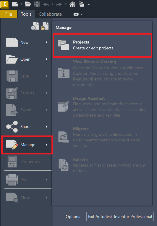 Vào tab File > Manage > Projects để mở hộp thoại Projects