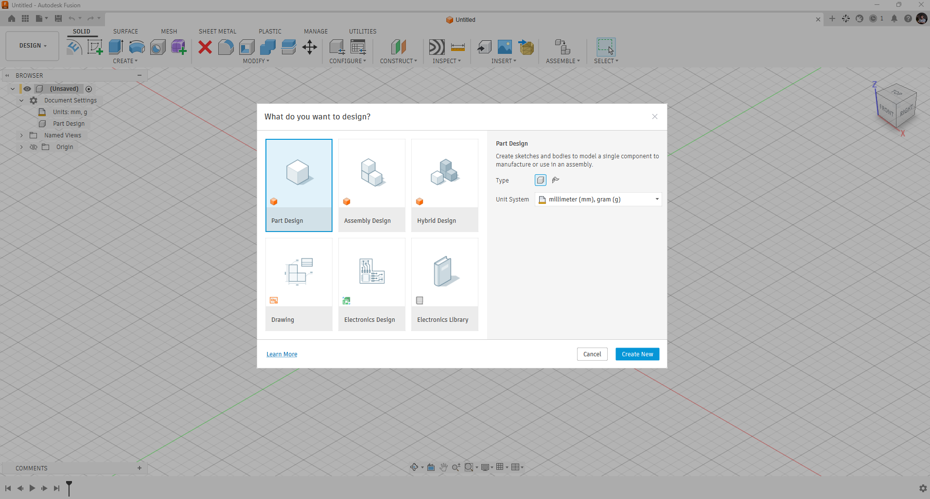 Hộp thoại lựa chọn loại thiết kế khi tạo thiết kế mới trong Autodesk Fusion.