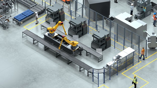 Minh họa dây chuyền sản xuất với robot và hệ thống băng tải kết nối các công đoạn.