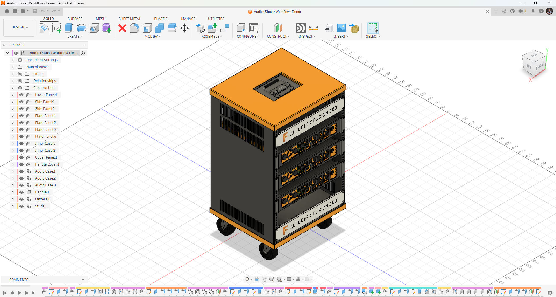 Mô hình 3D và lịch sử dựng hình trên Timeline trong Autodesk Fusion.