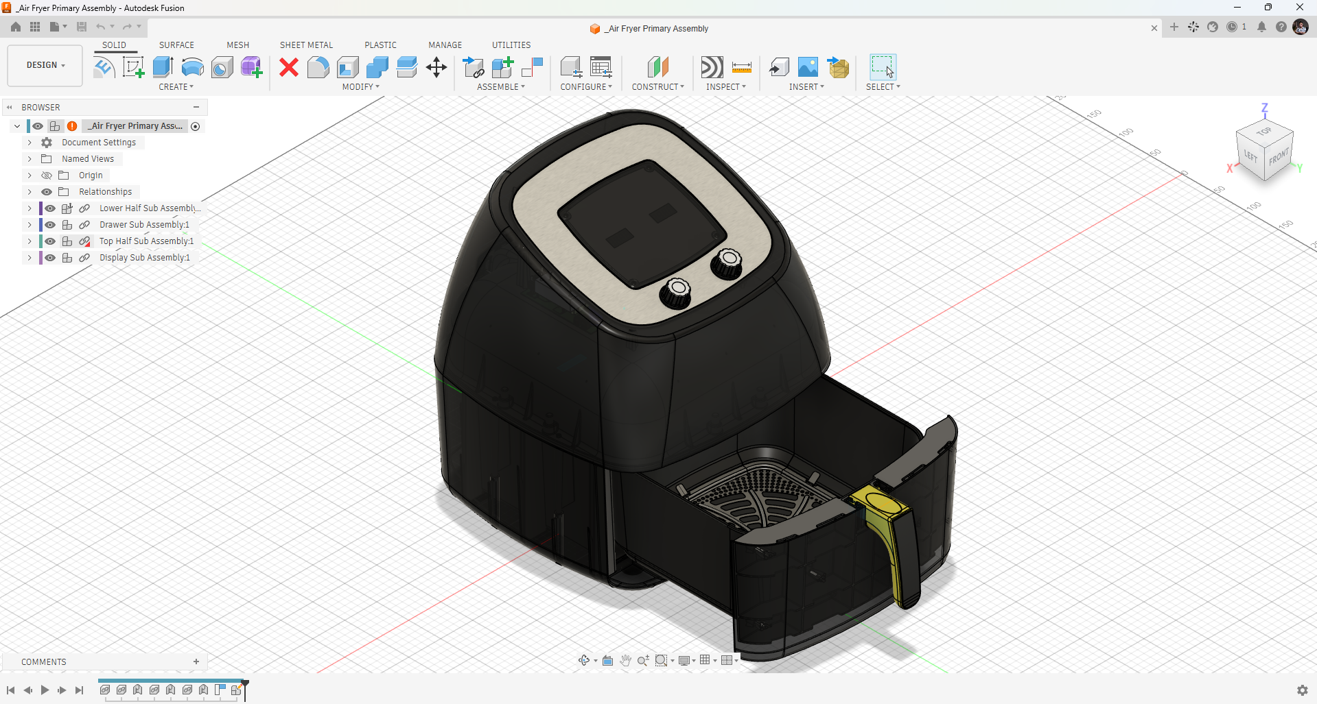 Mô hình nồi chiên không dầu hiển thị trong Autodesk Fusion.