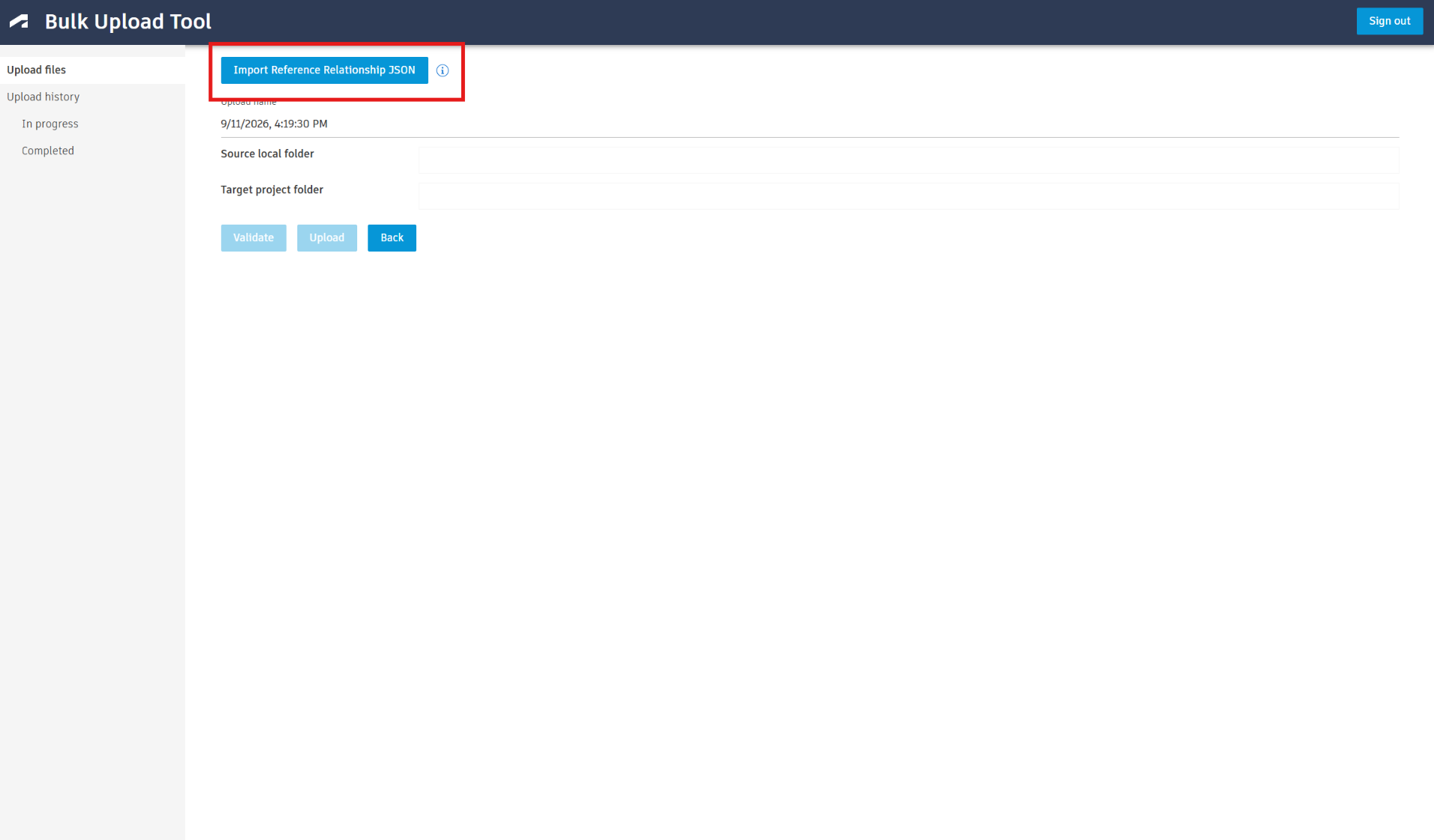 Nhập file Reference Relationship JSON vào Bulk Upload Tool.