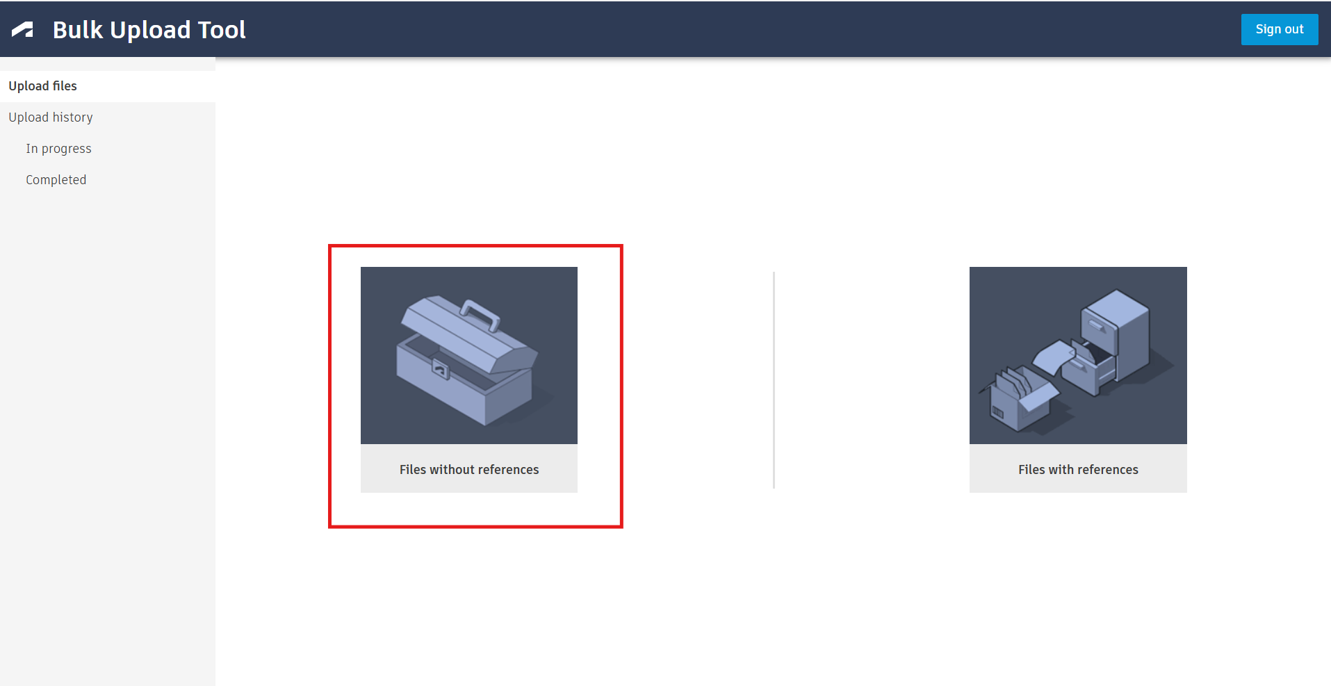 Tùy chọn Files Without References trong Bulk Upload Tool.